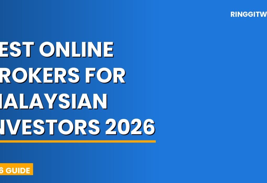 Malaysian investor comparing online brokers on laptop showing Bursa Malaysia and US stock charts in 2026