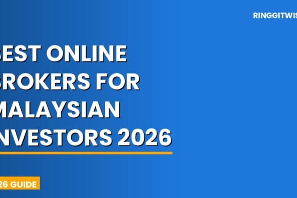Malaysian investor comparing online brokers on laptop showing Bursa Malaysia and US stock charts in 2026