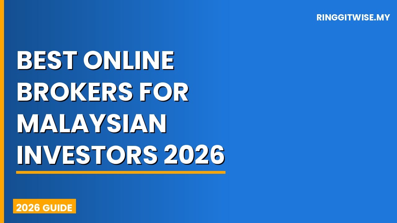 Malaysian investor comparing online brokers on laptop showing Bursa Malaysia and US stock charts in 2026