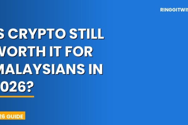 Malaysian investor checking crypto portfolio on phone with Bitcoin and Ringgit symbols in background