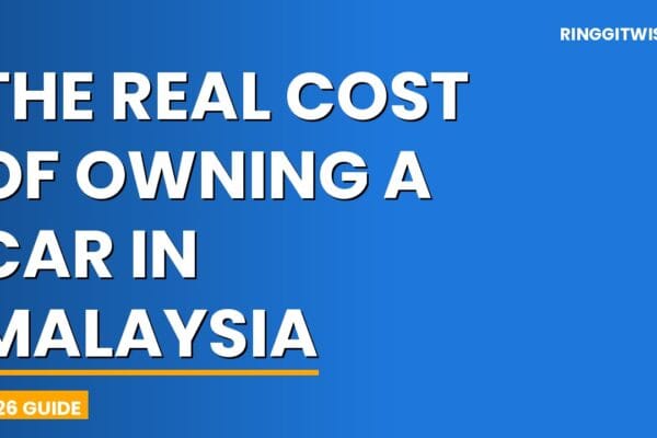Malaysian driver calculating the real monthly cost of owning a car in 2026 with receipts for fuel, toll, and insurance on a table