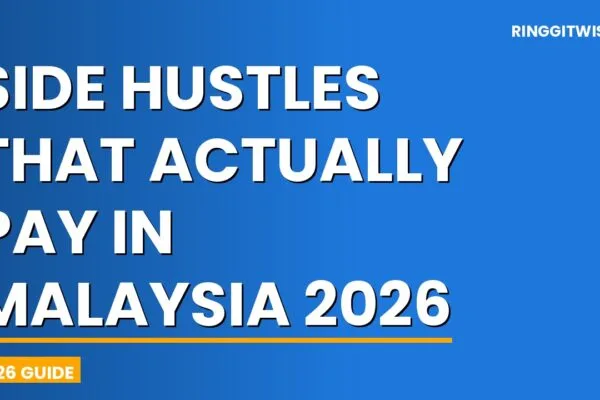 Malaysian man working on laptop at a coffee shop calculating side hustle income in Ringgit
