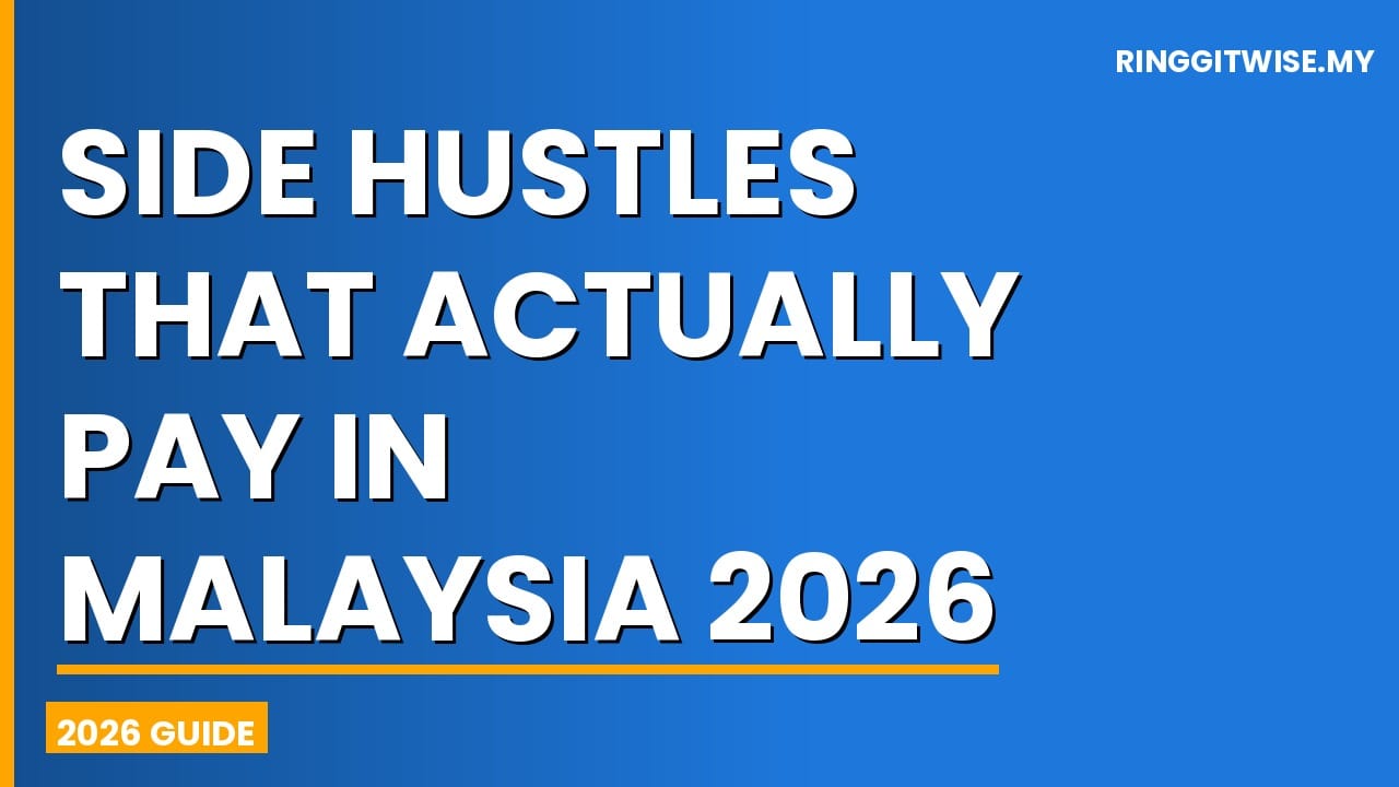 Malaysian man working on laptop at a coffee shop calculating side hustle income in Ringgit