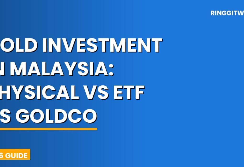Gold bars, coins and a smartphone showing a digital gold investment app in Malaysia