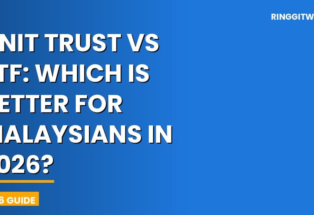 Malaysian investor comparing unit trust and ETF options on a laptop with Bursa Malaysia charts in the background