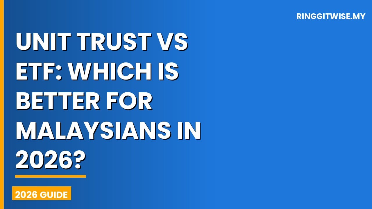 Malaysian investor comparing unit trust and ETF options on a laptop with Bursa Malaysia charts in the background